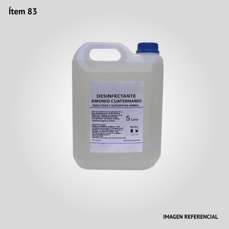Desinfectante líquido concentrado a base de amonio cuaternario de 5 litros