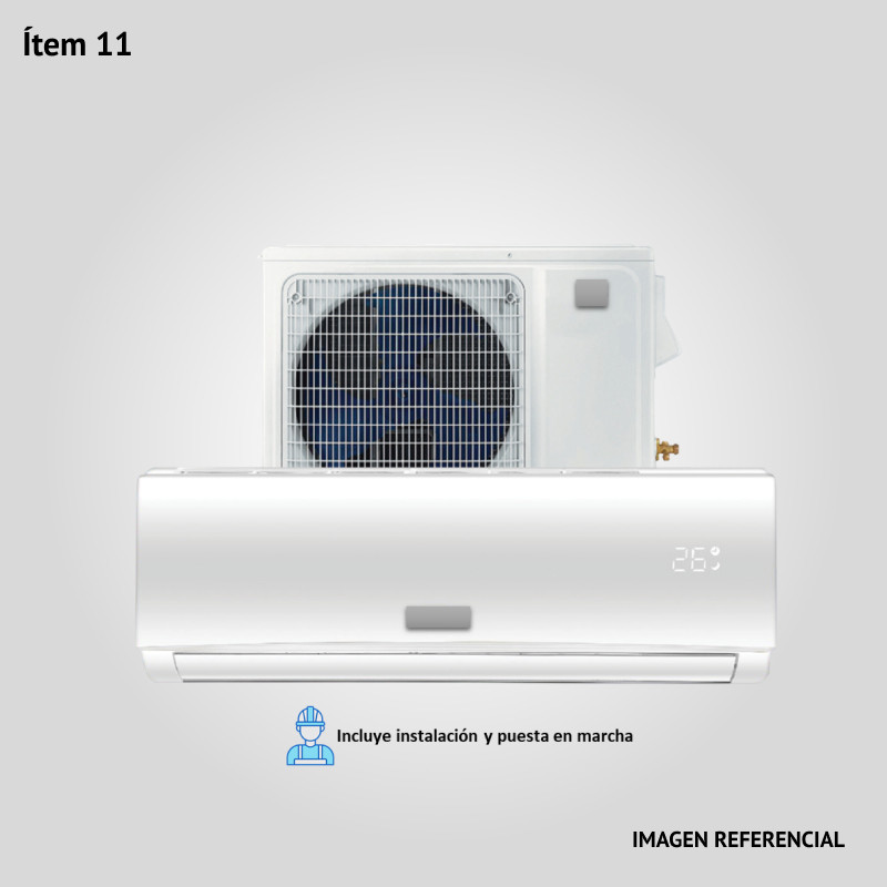 11. Prov., inst. y puesta en marcha de Acondicionador de Aire de 24000 BTU tipo Split de pared frío/calor. Tipo convencional