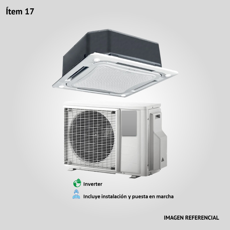 17. Prov., inst. y puesta en marcha de Acond. de Aire de 36000 BTU Split CASSETTE frío/calor. Cond. horizontal. Tipo Inverter
