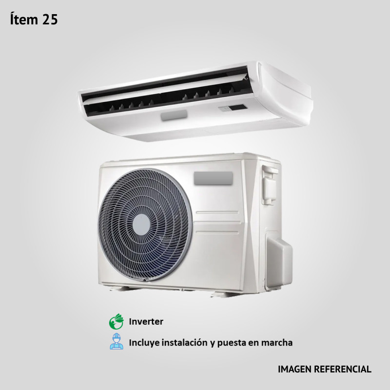 25. Prov., inst. y puesta en marcha de Acond. de Aire de 36000 BTU Split PISO/TECHO-frío/calor. Cond. horizontal. Tipo Inverter