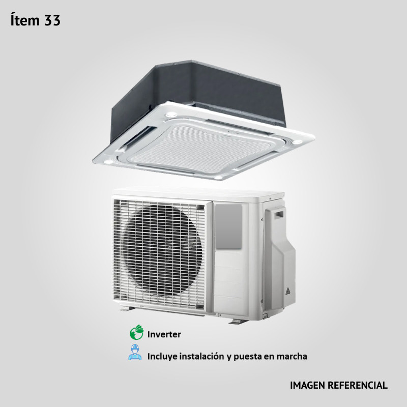 33. Prov., inst. y puesta en marcha de un aire acond. split CASSETTE de 48000 BTU, frío/calor. Cond. horizontal. Tipo Inverter